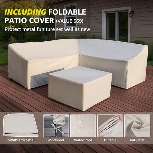 6 Pieces Patio Furniture Sets, Metal Outdoor Sectional Furniture L Shape Patio Conversation Sets,Highback Frame,Metal Table,Large Waterproof Cover, 6.5" Olefin Cushions