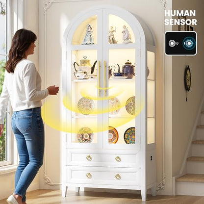 71" Tall Arched Storage Cabinet with Glass Doors and Drawers, Curio Display Cabinet with Adjustable LED Light & Human Sensor, 4-Tier China Cabinet for Living Room(White)