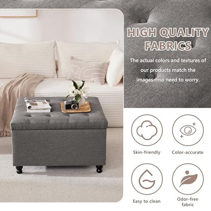 30 Inch Large Square Storage Ottoman Coffee Table, Oversized Square Ottoman with Storage, Tufted Upholstered Coffee Tables for Living Room (Fabric, Dark Grey)