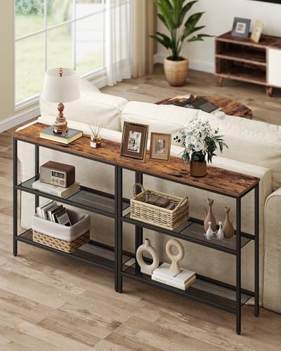VASAGLE 31.5" Console Table, Narrow Behind Couch Table, 3 Tier | BARNET Collection, One Piece Top, Steel Frame, for Entryway, Living Room, Modern, Rustic Brown and Ink Black ULNT037KD01S
