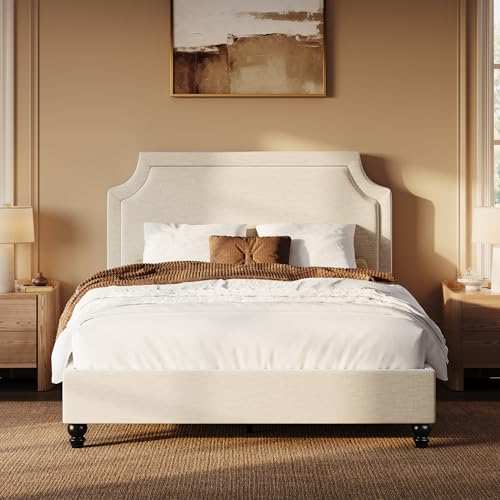 Queen Chenille Upholstered Platform Bed Frame, Beige, view 4