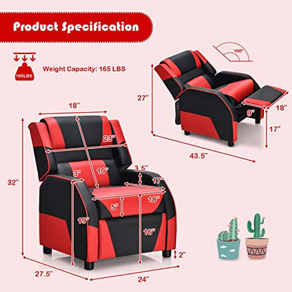 Kids Recliner, Gaming Recliner Chair w/Footrest, Headrest & Lumbar Support, Ergonomic Leather Lounge Chair for Living & Gaming Room, Adjustable Racing Style Sofa for Children Boys Girls, Red