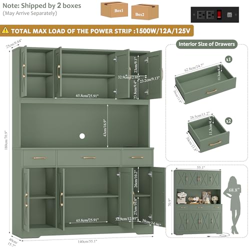 71" Tall Kitchen Pantry Storage Cabinet, 55" W Kitchen Hutch, Green, view 4