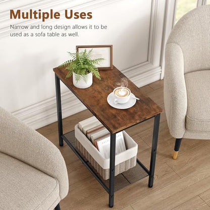 2 Tier End Table, Sofa Side Table, Narrow Side Table with Storage, Slim Nightstand for Small Spaces, Metal Frame, for Living Room, Bedroom, Sofa Couch, Hall, Rustic Brown