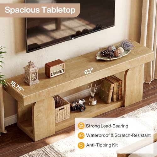 63" TV Stand for 55/60/65/75-Inch TVs, Farmhouse Entertainment Center with Storage Shelves, Wooden TV Media Console for Living Room, Bedroom, Natural Wood