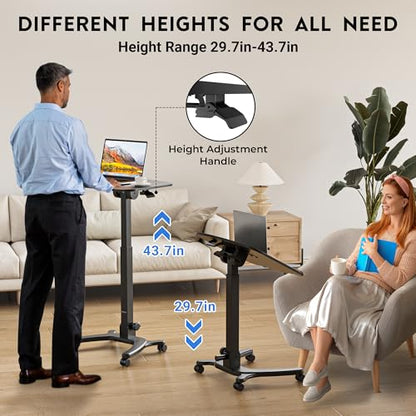 Mobile Foldable Standing Desk, Portable Adjustable Height Desk with Gas Spring, Small Rolling Laptop Desk with Wheels for Home, Office, Bedroom, and Medical Use, 25.6" x 19.7" Desktop, Black