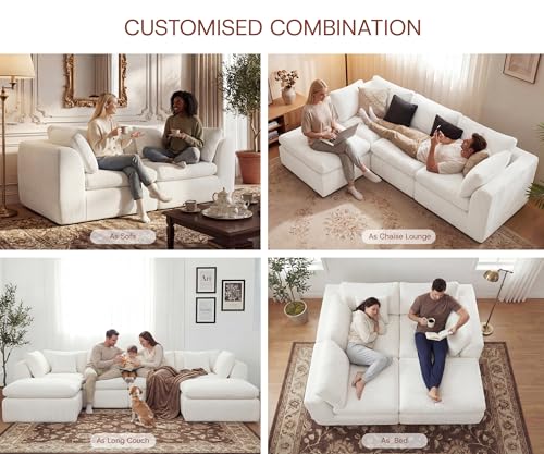 110'' Oversized Boneless Cloud Couch for Living Room, Modern Big Sectional Compressed L Shape Couch with Ottoman, Comfy Chenille Deep Seat Memory Foam Spineless 4 Seater Sofa, Beige