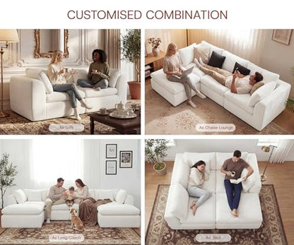 110'' Oversized Boneless Cloud Couch for Living Room, Modern Big Sectional Compressed L Shape Couch with Ottoman, Comfy Chenille Deep Seat Memory Foam Spineless 4 Seater Sofa, Beige