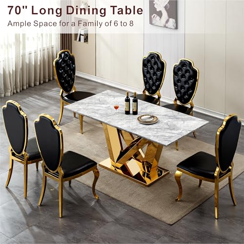 Marble Dining Table for 6 People, 70'' Rectangle Faux Marble Dining Table with Mirrored Stainless Steel Base, Large Size Marble Kitchen Table (Gold,Gray)(ONLY Table)