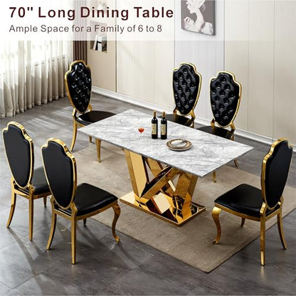 Marble Dining Table for 6 People, 70'' Rectangle Faux Marble Dining Table with Mirrored Stainless Steel Base, Large Size Marble Kitchen Table (Gold,Gray)(ONLY Table)