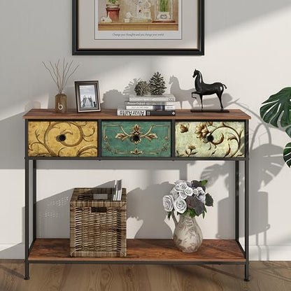 Entryway Console Table with 3 Retro Flowers Fabric Drawers Boho Narrow Long Behind Couch Sofa Table with Bottom Open Storage Shelf for Hallway Living Room Foyer (Retro Flower, 3 Drawers)