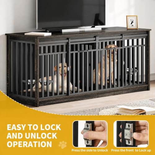 71" Heavy Duty Dog Crate Furniture for 2 Medium Dogs with Dog Bowls, view 5