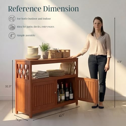 Outdoor Living Longs Peak Eucalyptus Wood Sideboard Table, Outdoor Buffet Cabinet with Storage, Natural Oil Weather-Resistant Finish