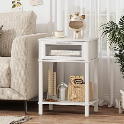 Nightstand Wooden Bedside Table with Drawer White Night Stands Modern Style Small End Table Side Table with Storage Shelf for Bedroom Living Room MLBZ10W