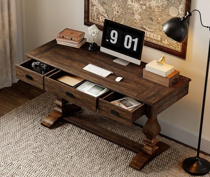 60-inch Vintage Wood Home Office Desk, Dark Walnut Brown