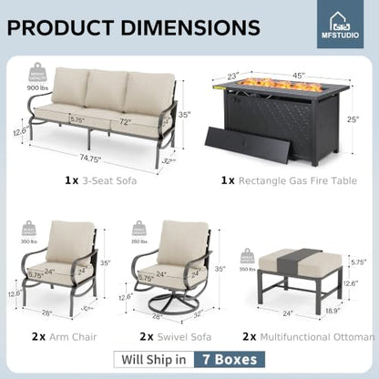 Patio Furniture Sets with 45" Gas Fire Pit Table, 8 Pieces Outdoor Metal Conversation Sets with 1 x 3-Seat Sofa, 2 Single Chairs, 2 Swivel Chairs and 2 Ottomans, Beige Cushion