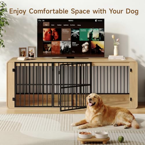 74" Double Dog Crate Furniture TV Stand for Large Dogs, Natural Oak, view 3