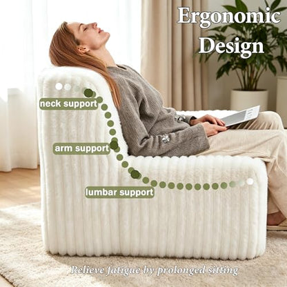 32'' Accent Chair Armless, Boneless Space-Saving Reading Chairs with Spacious Seating, Comfy Faux Fur Cover, Ideal Floor Couch for Bedroom, Living Room,College, Apartment(White)