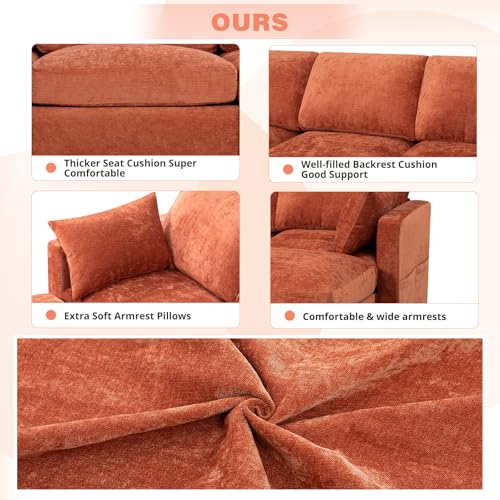 84” Chenille 3-Seats Sofa W/Movable Ottoman, Orange | Modern Fabric L-Shaped Couch w/Soft Backrests, Upholstered Sectional Sofa w/Arm Pillows for Living Room