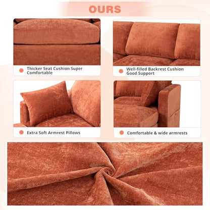 84” Chenille 3-Seats Sofa W/Movable Ottoman, Orange | Modern Fabric L-Shaped Couch w/Soft Backrests, Upholstered Sectional Sofa w/Arm Pillows for Living Room