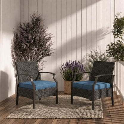 Outdoor Wicker Chairs Set of 2, Wicker Patio Seating with Olefin Cushion for Front Porch Small Balcony Outside (Peacock Blue)