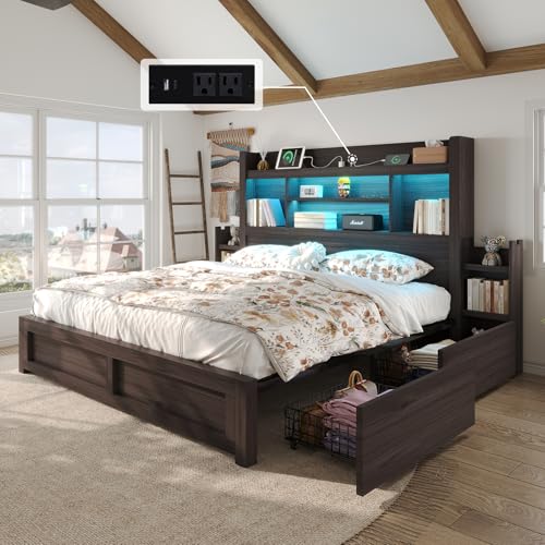 King Size Bed Frame with Bookcase Headboard & Storage, Black, view 4