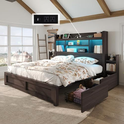 King Size Bed Frame with Bookcase Headboard & Storage, Black, view 4