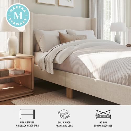 Maisie Queen Wingback Upholstered Platform Bed, Beige, view 5