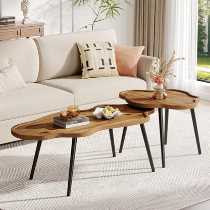 Nesting Coffee Table Set of 2, Solid Wood Coffee Tables with Cloud Tabletop, Stacking Accent Tables with Adjustable Non-Slip Feet for Living Room, Bedroom & Small Space, Rustic Brown