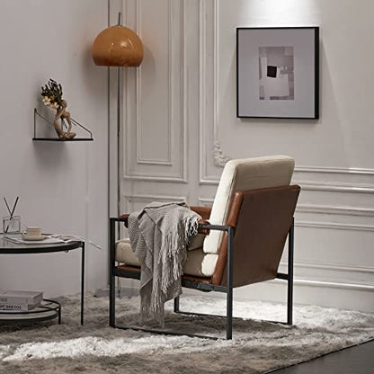 Mid-Century Accent Chair, Padded Arms, Beige | Metal Frame, Linen Fabric, Thick Cushions, Lumbar Pillow Included, Lounge Chair for Living Room, Bedroom, Balcony, Study