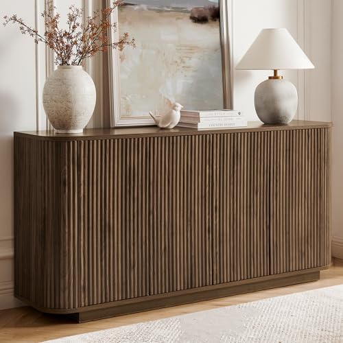 64" Fluted Buffet Cabinet with Storage, Walnut Sideboard Cabinet, view 2
