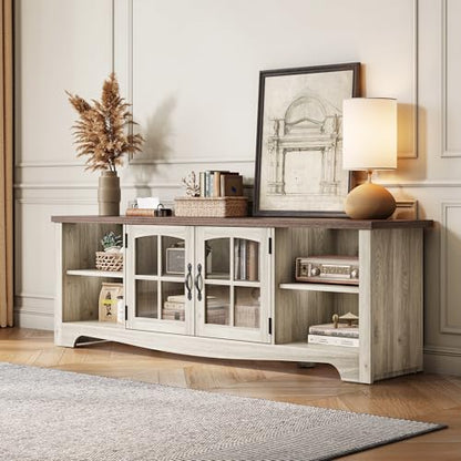 TV Stand for 75 Inch TV, Modern Farmhouse Entertainment Center with Storage Cabinets and Glass Doors, Tall Media Console Table for Living Room, Bedroom, Large Long Television Stand, Beige