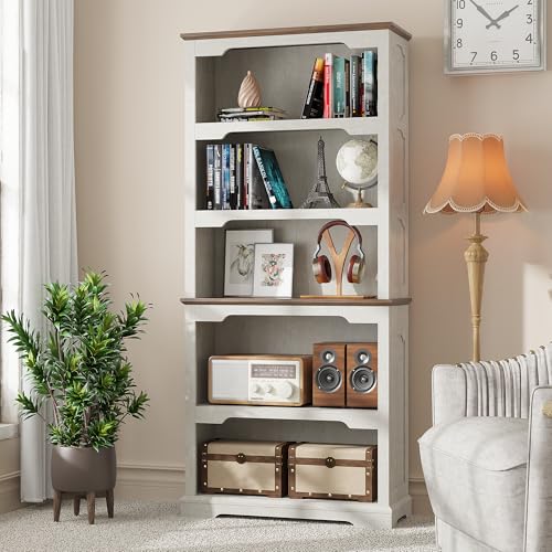 70”Tall White Bookcase Bookshelf, 5-Tier Farmhouse Bookcase Shelves, view 2
