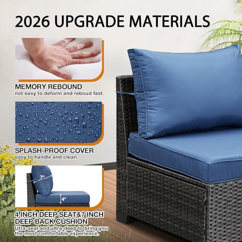 6 Pieces Patio Furniture Set All-Weather Outdoor Wicker Sectional Conversation Sofa Rattan Patio Seating Sofa with Cushion and Glass Table for Porch Poolside,Navy