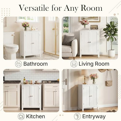 Bathroom Floor Storage Cabinet with Double Door + Adjustable Shelf, Wooden Organizer Cabinet for Living Room, Bathroom, Bedroom, Modern Home Furniture (White)