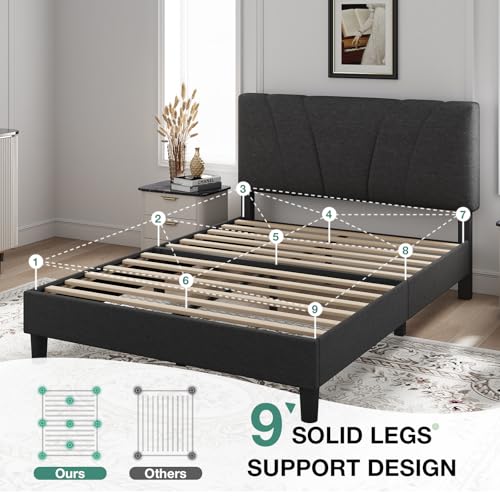 Queen Bed Frame with Headboard, Bed Frame Queen Size with Wood Slats Support, view 6