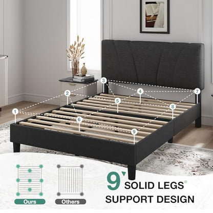 Queen Bed Frame with Headboard, Bed Frame Queen Size with Wood Slats Support, view 6