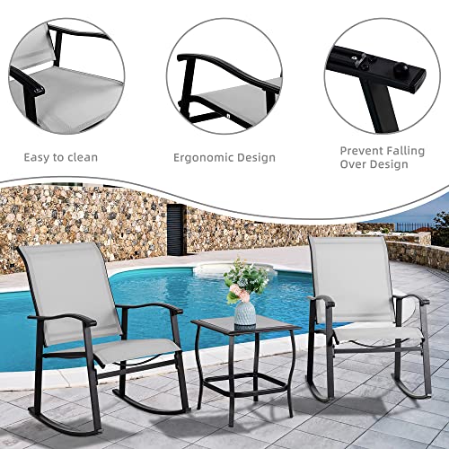 3 Piece Outdoor Rocking Bistro Set, Textilene Fabric Small Patio Furniture Set, Front Porch Rocker Chairs Conversation Set with Glass Table for Lawn, Garden, Balcony, Poolside (Light Gray)