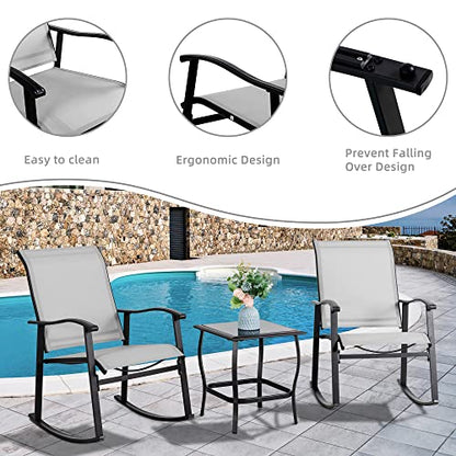3 Piece Outdoor Rocking Bistro Set, Textilene Fabric Small Patio Furniture Set, Front Porch Rocker Chairs Conversation Set with Glass Table for Lawn, Garden, Balcony, Poolside (Light Gray)