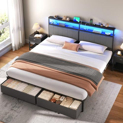 King Bed Frame with Storage Drawers and Charging Station, Grey, view 8