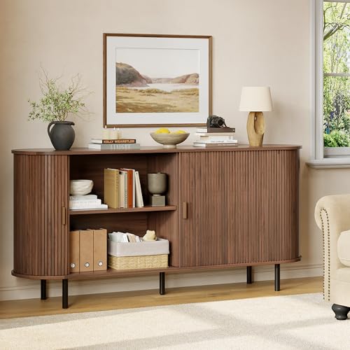 63" Fluted Buffet Sideboard Cabinet with Sliding Door, Walnut, view 7