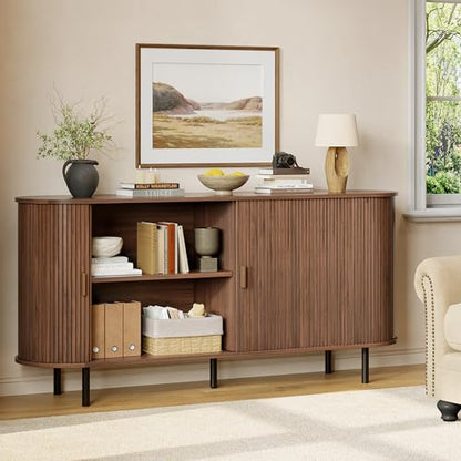 63" Fluted Buffet Sideboard Cabinet with Sliding Door, Walnut, view 7