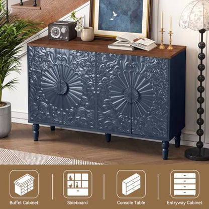 Blue Sideboard Buffet Cabinet with Embossed Floral Doors, view 4