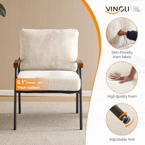 Mid-Century Modern Accent Armchiar for Small Space, Small Comfy Upholstered Leisure Reading Chair with Wood Armrest for Bedroom, Living Room, Waiting Room, Linen Beige