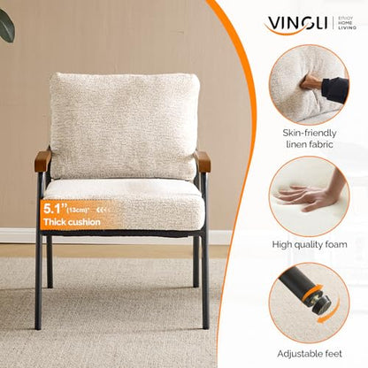 Mid-Century Modern Accent Armchiar for Small Space, Small Comfy Upholstered Leisure Reading Chair with Wood Armrest for Bedroom, Living Room, Waiting Room, Linen Beige
