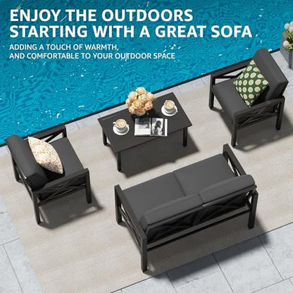 Outdoor Patio Furniture 4 Pieces Set, Modern Patio Conversation Sets, Outdoor Sectional Metal Sofa with 5.5 Inch Cushion and Coffee Table,Black