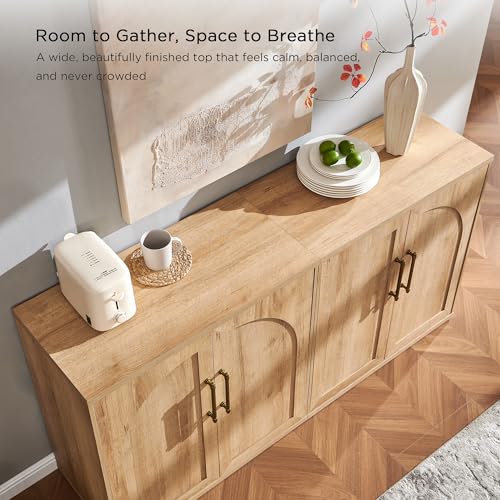 Arched Door Sideboard Buffet Cabinet Set of 2, Accent Cabinet with Adjustable Shelf, Wood Modular Credenza Storage Cabinet for Dining Room, Living Room, Entryway, Natural Oak