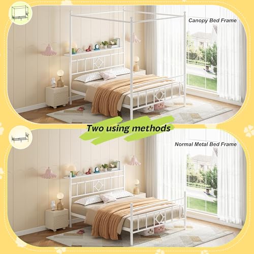 Full Canopy Bed Frame with Storage Headboard,Noise-Free,White, view 7