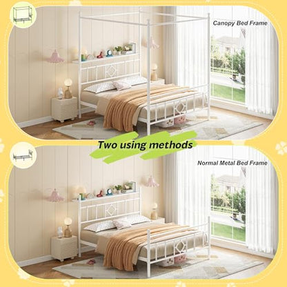 Full Canopy Bed Frame with Storage Headboard,Noise-Free,White, view 7