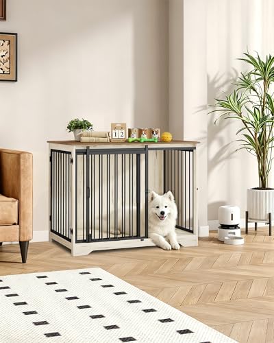 46.9" Dog Crate Furniture with Barn Door, Heavy Duty Dog Kennel Indoor with 2 Doors, Wooden Pet Cage End Table for Large Medium Dogs, Anti-Chew Anti-Escape, White Brown DFC93314B